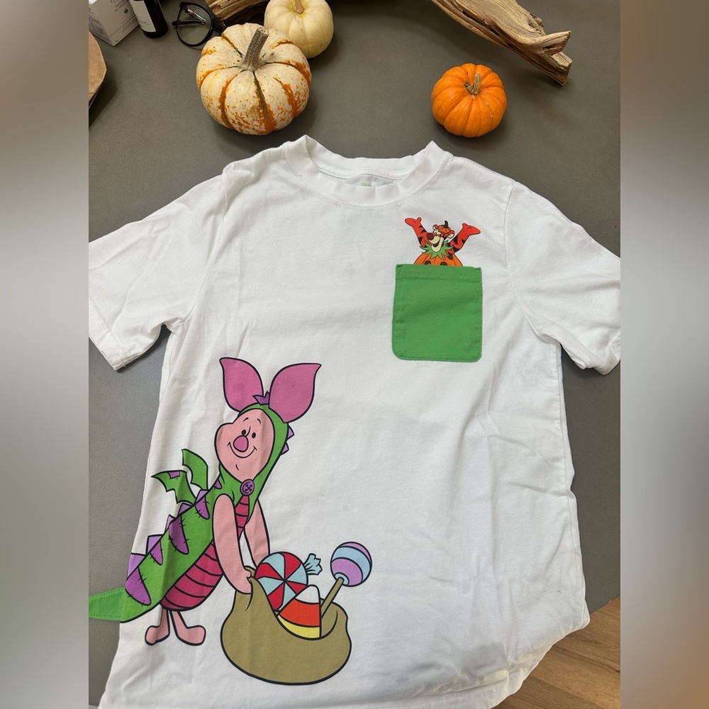White T-Shirt with Cartoon Print and Green Pocket